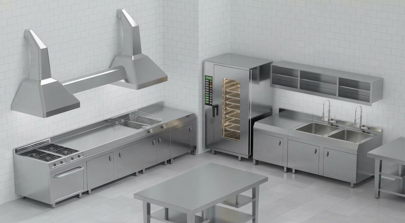 Stainless steel commercial kitchen sheet-metal equipment design visualisation