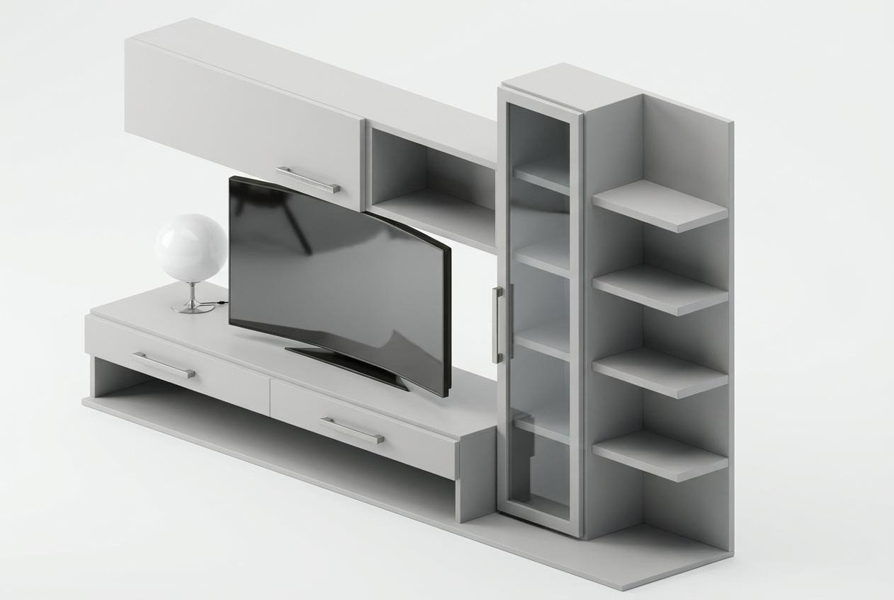 Modular oak entertainment cabinet and TV console render