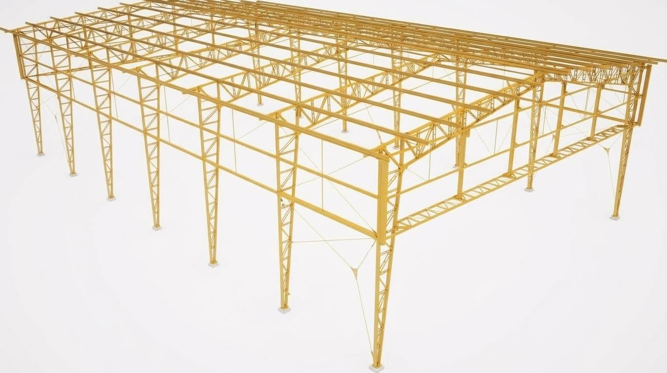 Industrial steel building framework with roof trusses and braced columns