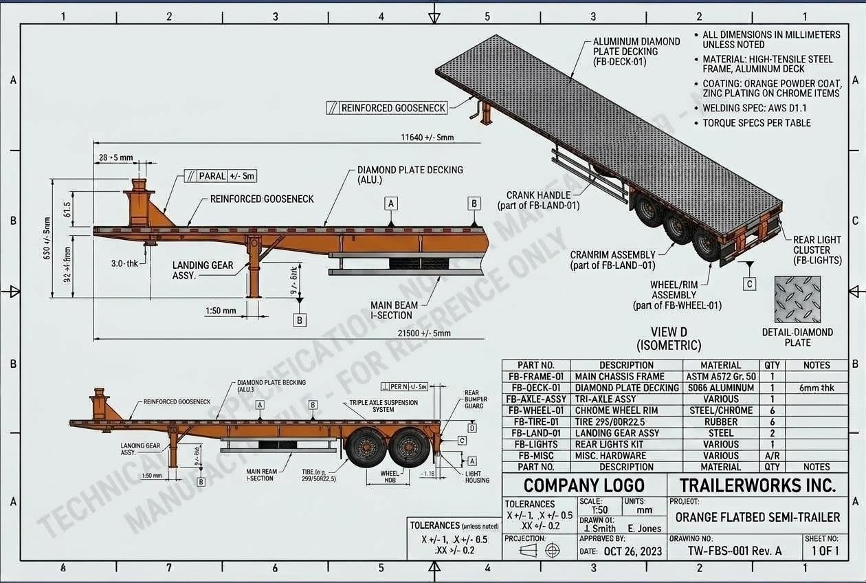 Technical fabrication drawing of a flatbed semi-trailer with annotated assembly information