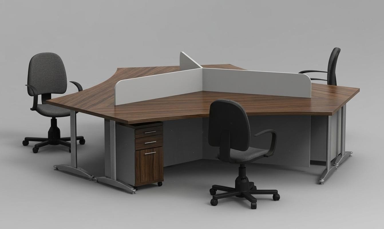 Three-seat workstation with desk partitions and cabinets