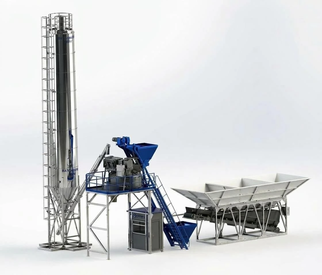 Stationary concrete batch plant assembly design