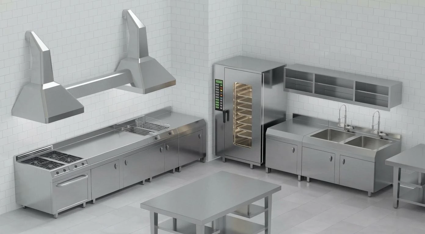 Stainless steel commercial kitchen with extraction hoods and prep stations