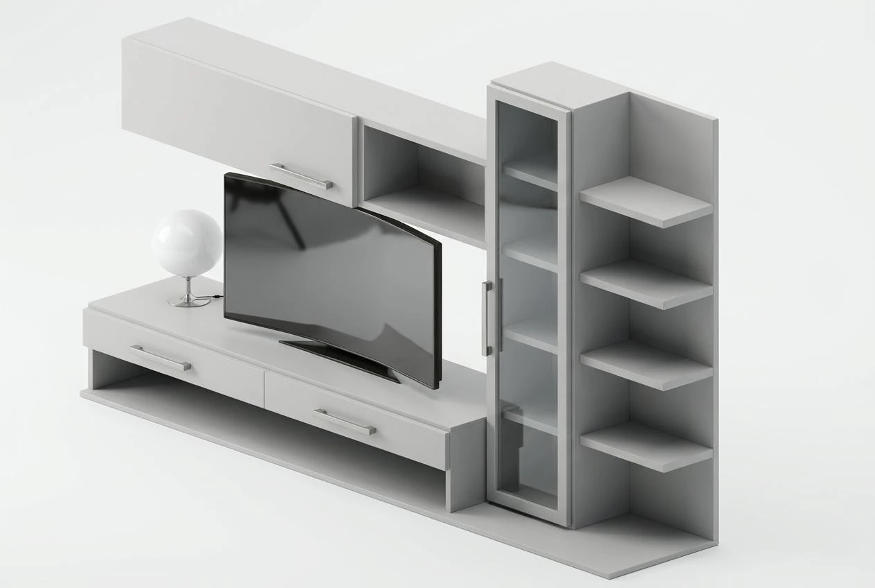 Modular oak entertainment cabinet and TV console render