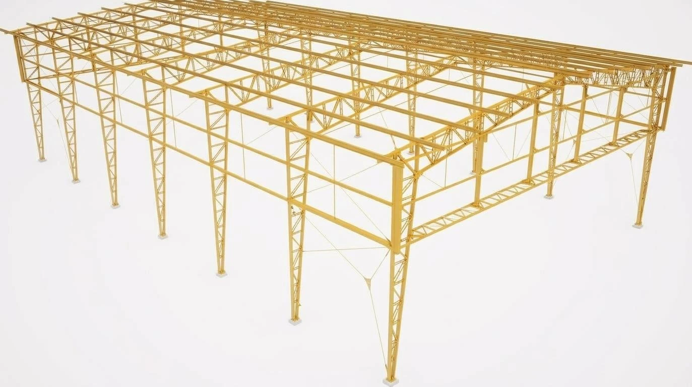Industrial steel building framework with roof trusses and braced columns