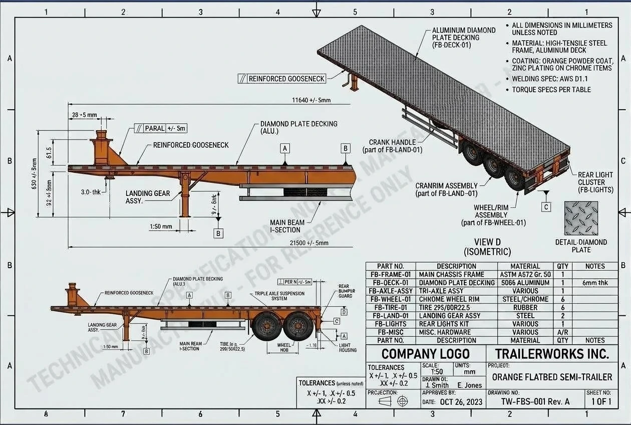 Trailer technical production drawing with BOM