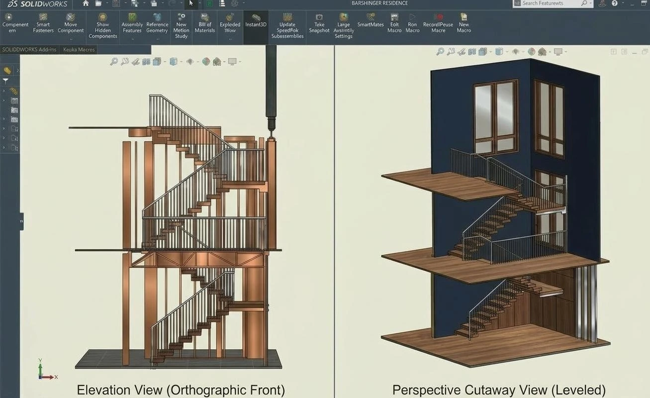 SOLIDWORKS elevation and cutaway model of timber stairs