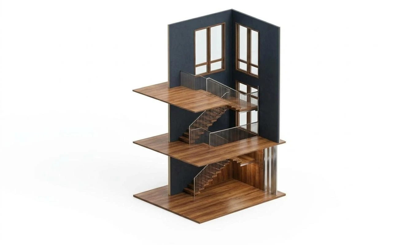 Wooden stairway and railing 3D render