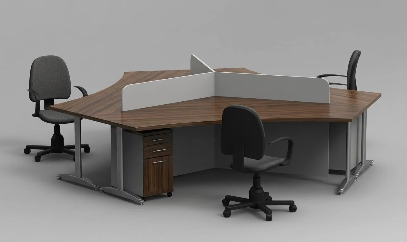 Three-seat workstation with desk partitions and cabinets
